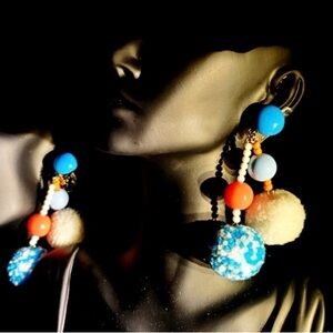 Vibrant Blue & Orange Pom-Pom Drop Earrings